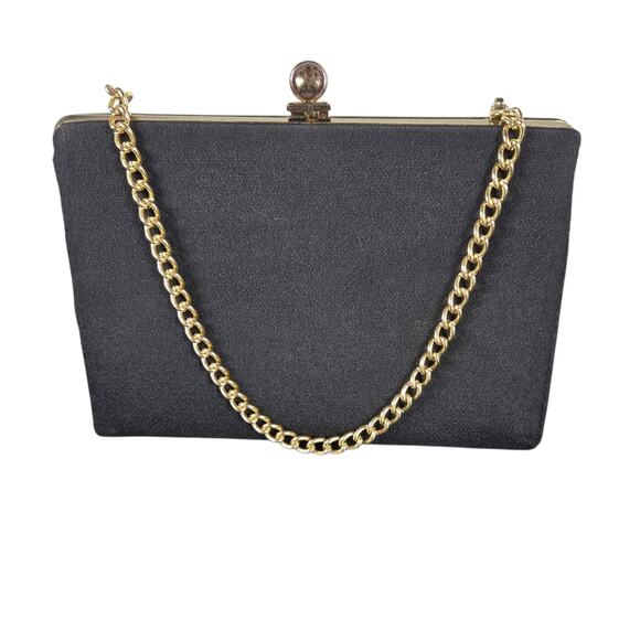 Source Unknown Handbags - Vintage Evening Bag Clutch Purse Black Satin Gold Chain Kiss Lock Small Formal